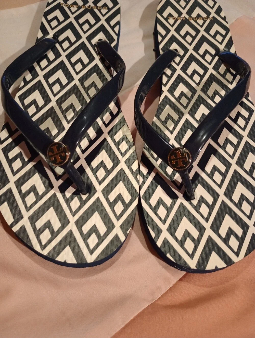 Tory Burch Navy Blue And White Flip Flops
